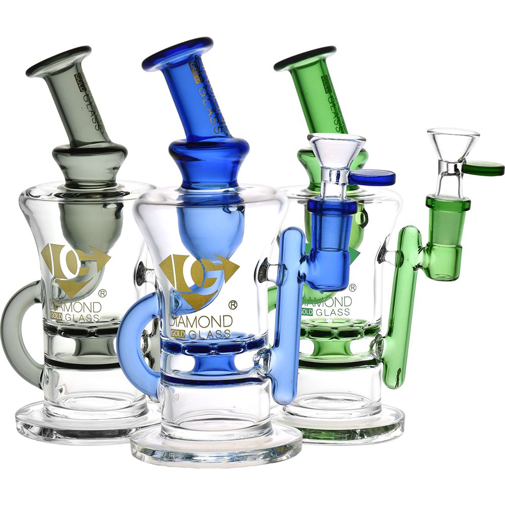 Diamond Glass Gold Ratchet Perc Recycler Water Pipe - 7.75" / 14mm F - Alderson Family Farms