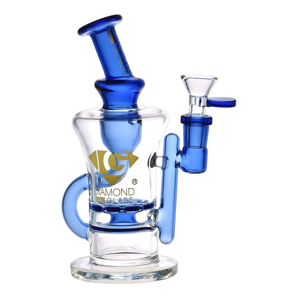Diamond Glass Gold Ratchet Perc Recycler Water Pipe - 7.75" / 14mm F - Alderson Family Farms